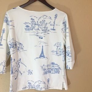 White boatneck vintage print top with Paris theme